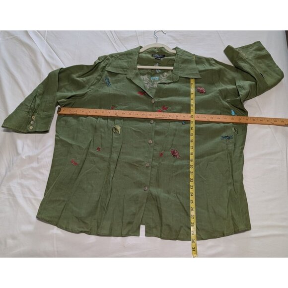 Citron Santa Monica 3X Green Button-Up Embroidered Ramie Tunic Top Boho Artsy - Picture 13 of 16